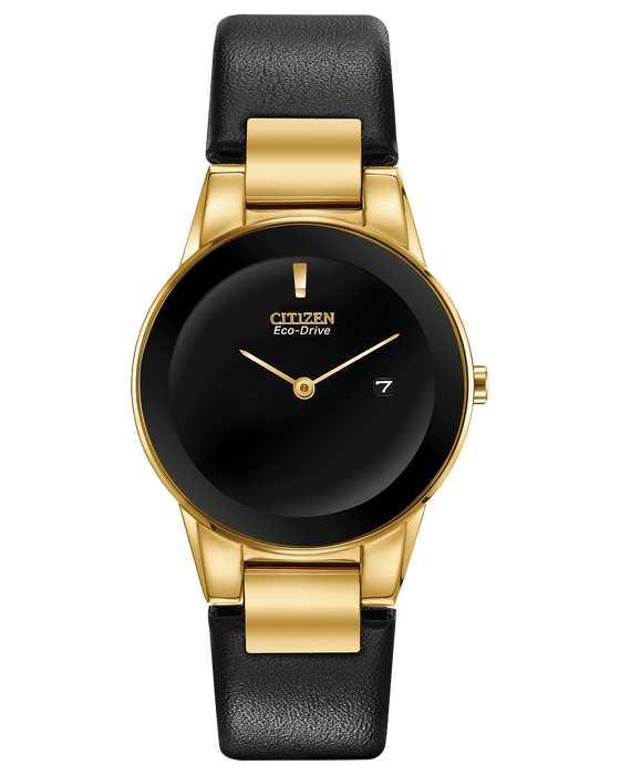 Citizen Axiom Ladies Eco-Drive Watch In Gold Tone Case and Black Leather Strap GA1052-04E