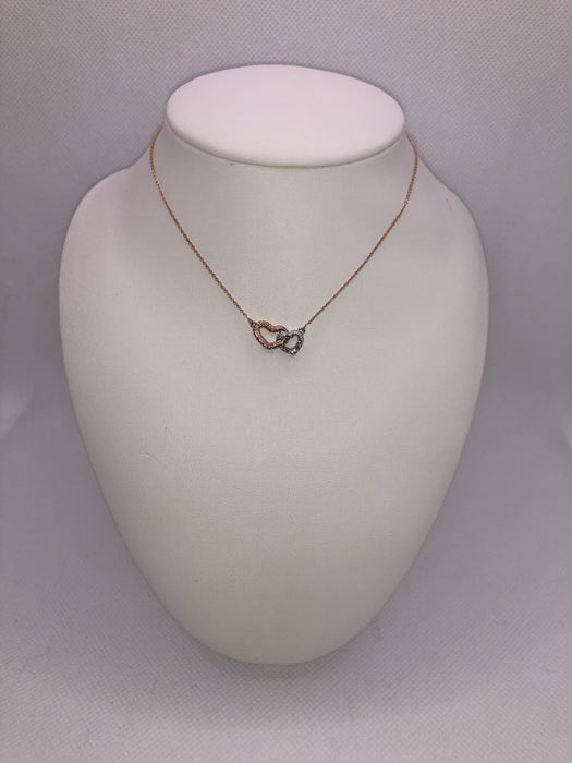 10K Two Tone Rose and White Gold Double Heart Diamond Pendant Necklace