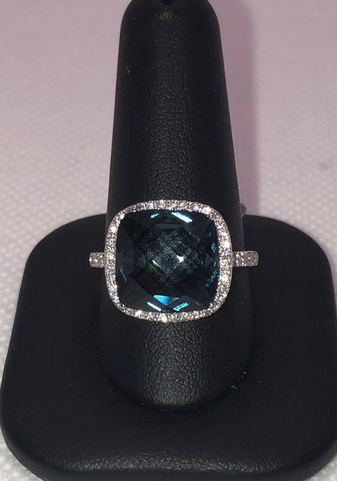 14K White Gold Blue Topaz Ring With Diamonds