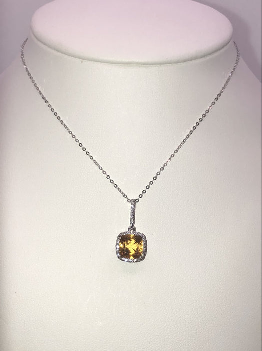 14K White Gold Citrine with Diamond Halo Pendant Necklace